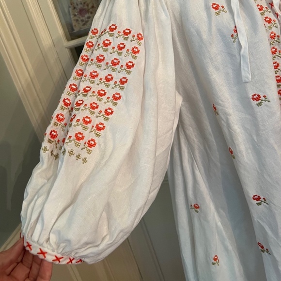 Innika Choo Linen Embroidered Dress One Size Balloon Sleeve Pockets NWOT Coverup - Picture 1 of 12